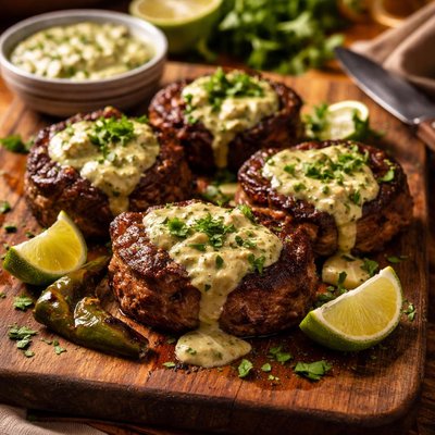 Image of Charred Beef Medallions with Poblano Margarita Sauce