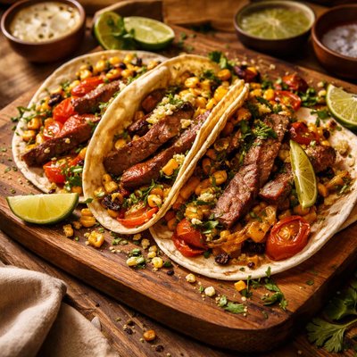 Image of Charred Corn and Heirloom Tomato Steak Fajitas