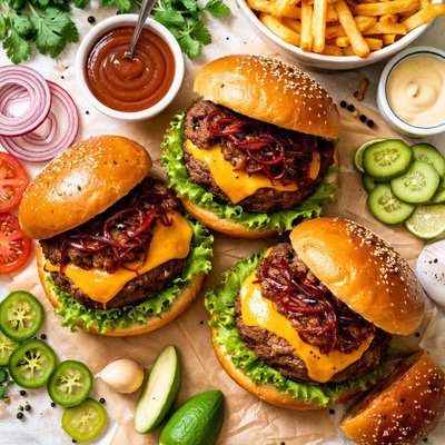 Image of Cheddar Burgers with Balsamic Onions and Chipotle Ketchup