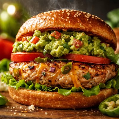 Image of Cheddar Jalapeno Chicken Burgers with Guacamole