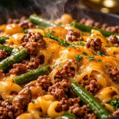 Image of Cheddar Onion Ground Beef Casserole with Green Beans