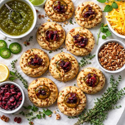 Image of Cheddar Pecan Thumbprints with Jalapeno Jelly and Cranberries