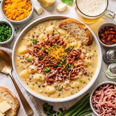 Image of Cheddar Potato Beer Soup with Shredded Ham