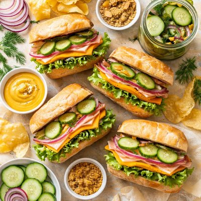 Image of Cheddar Sandwiches with Quick Pickles and Honey Mustard