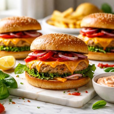 Image of Cheddar Turkey Burgers with Roasted Red Pepper Mayonnaise