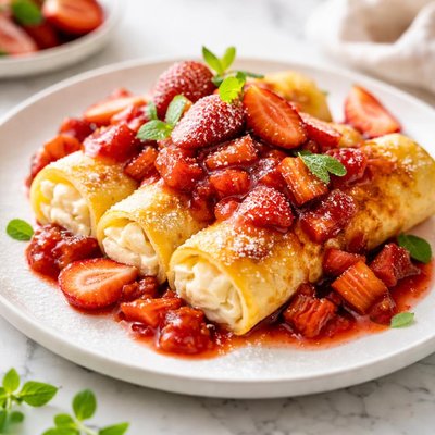 Image of Cheese Blintzes with Strawberry Rhubarb Compote