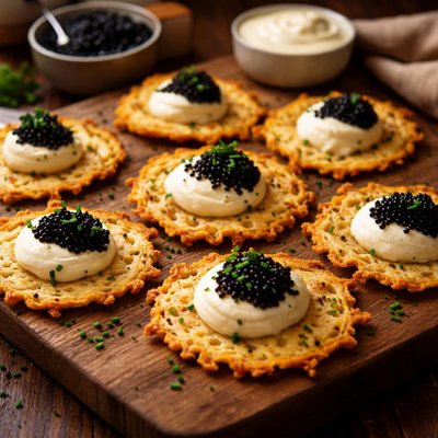 Image of Cheese Crisps with Creme Fraiche and Caviar
