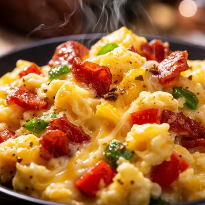 Image of Cheese Eggs with Bacon and Peppers