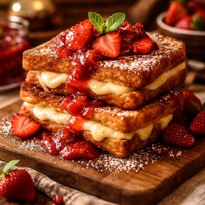 Image of Cheese Filled French Toast with Strawberry Sauce