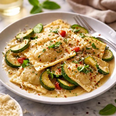 Image of Cheese Ravioli with White Wine Sauce and Zucchini