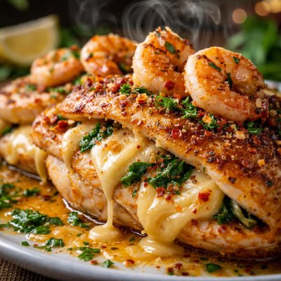 Image of Cheese Stuffed Chicken Breasts Topped with Shrimp