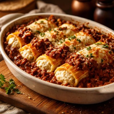 Image of Cheese Stuffed Manicotti in Meat Sauce