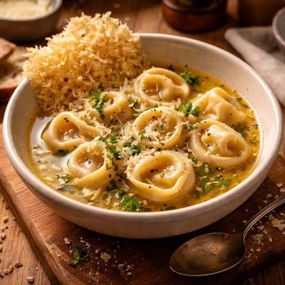 Image of Cheese Tortellini in Light Broth with Parmesan Crisps