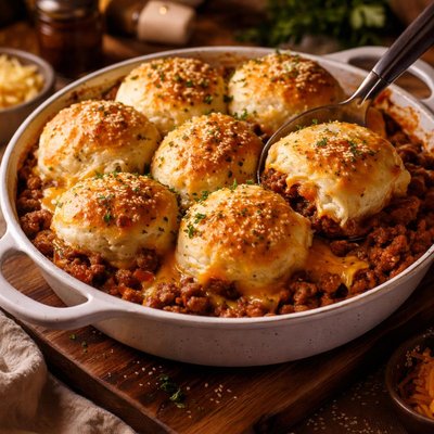 Image of Cheeseburger Casserole with Cheese Filled Biscuits