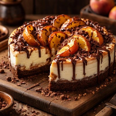 Image of Cheesecake with Peaches and Chocolate