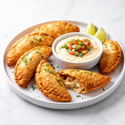 Image of Cheesiest Fried Chicken Empanadas with Queso Dip
