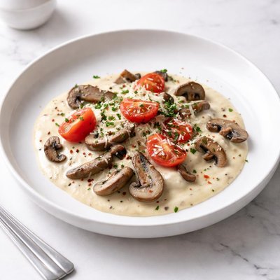 Image of Cheesy Alfredo Sauce with Mushrooms and Fresh Tomato