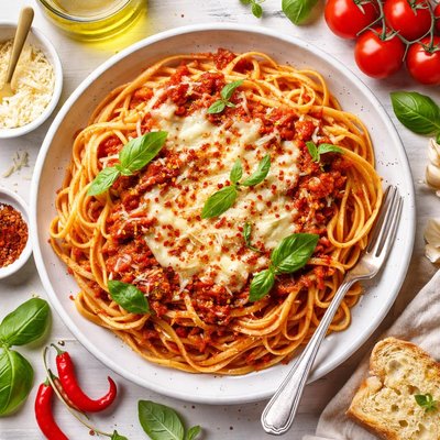 Image of Cheesy Arrabbiata Over Linguine