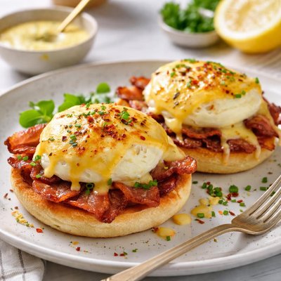 Image of Cheesy Baked Egg and Bacon Benedict