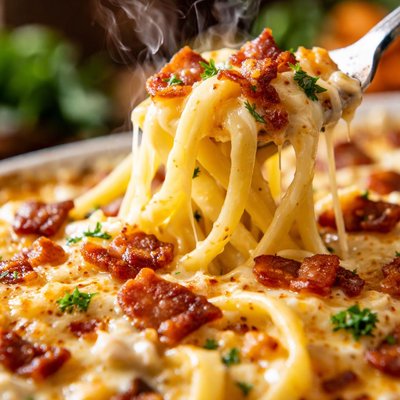 Image of Cheesy Baked Fettuccine with Bacon