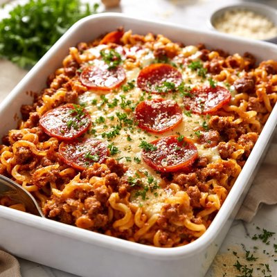 Image of Cheesy Beefy Noodle Casserole W Pepperoni