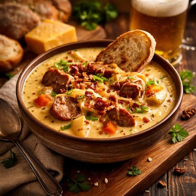 Image of Cheesy Bratwurst and Beer Soup