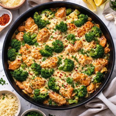 Image of Cheesy Broccoli and Chicken Skillet Dinner