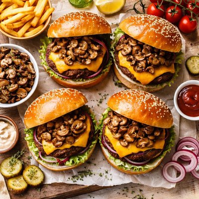 Image of Cheesy Burgers with Sauteed Mushrooms