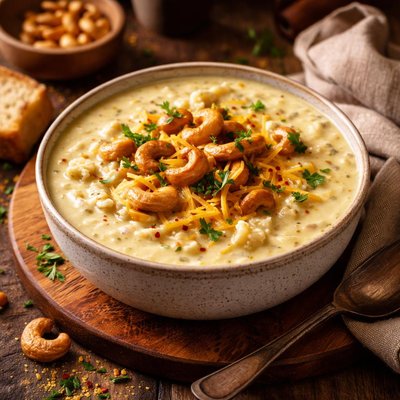 Image of Cheesy Cauliflower Soup with Roasted Cashew Nuts