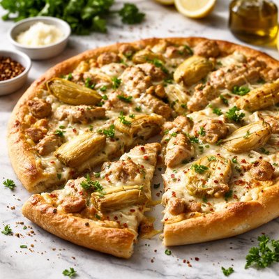 Image of Cheesy Chicken and Artichoke Pizza