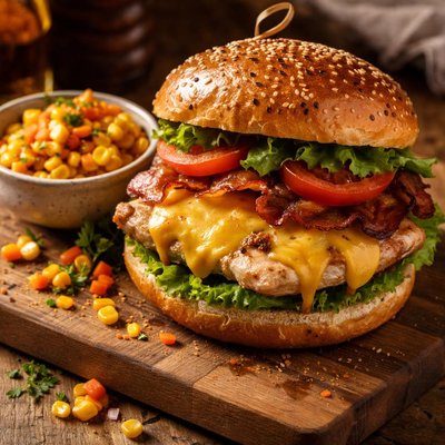 Image of Cheesy Chicken Burger W Corn Carrot Relish