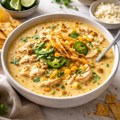 Image of Cheesy Chicken Soup with Roasted Corn and Green Chilies