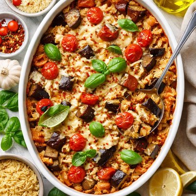 Image of Cheesy Eggplant Aubergine Orzo Casserole