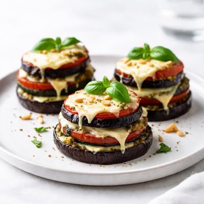 Image of Cheesy Eggplant Aubergine Pesto Stacks