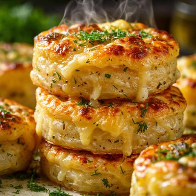 Image of Cheesy Hockey Puck Potatoes with Dill