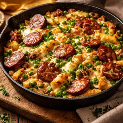 Image of Cheesy Kielbasa and Peas Skillet