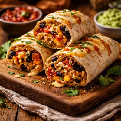 Image of Cheesy Mexican Rice Bean Burritos