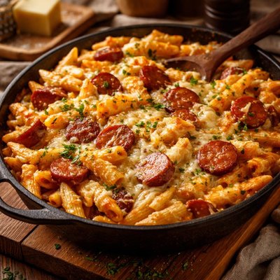 Image of Cheesy Penne Pasta and Smoked Sausage Casserole