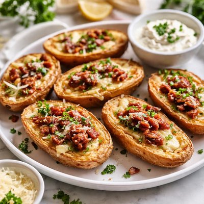 Image of Cheesy Potato Skins with Sun Dried Tomatoes