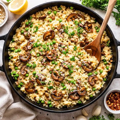 Image of Cheesy Rice Mushrooms and Peas