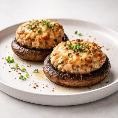 Image of Cheesy Sausage Cakes on Roasted Field Mushrooms