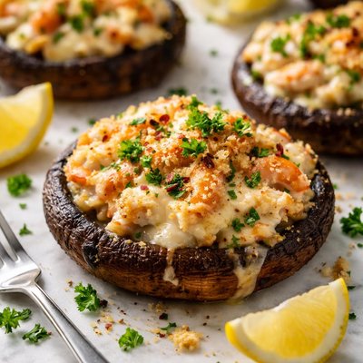 Image of Cheesy Seafood Stuffed Portabella Mushrooms