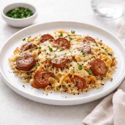 Image of Cheesy Smoked Sausage Sauerkraut Casserole
