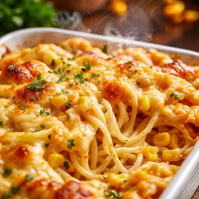 Image of Cheesy Spaghetti and Corn Bake