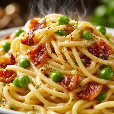Image of Cheesy Spaghetti with Bacon and Peas