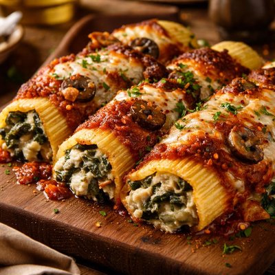 Image of Cheesy Spinach and Mushroom Manicotti