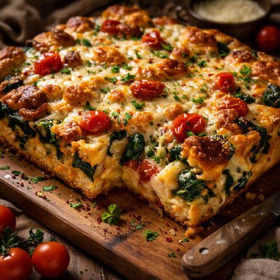 Image of Cheesy Spinach Tomato Strata