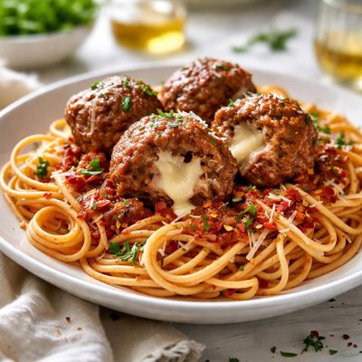 Image of Cheesy Stuffed Meatballs and Spaghetti