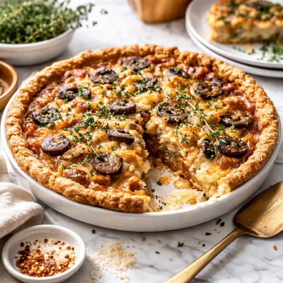 Image of Cheesy Sweet Onion and Mushroom Pie with Cracker Crust