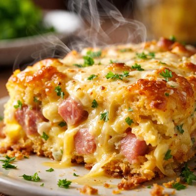 Image of Cheesy Swiss Ham and Egg Bake with Potato Crust